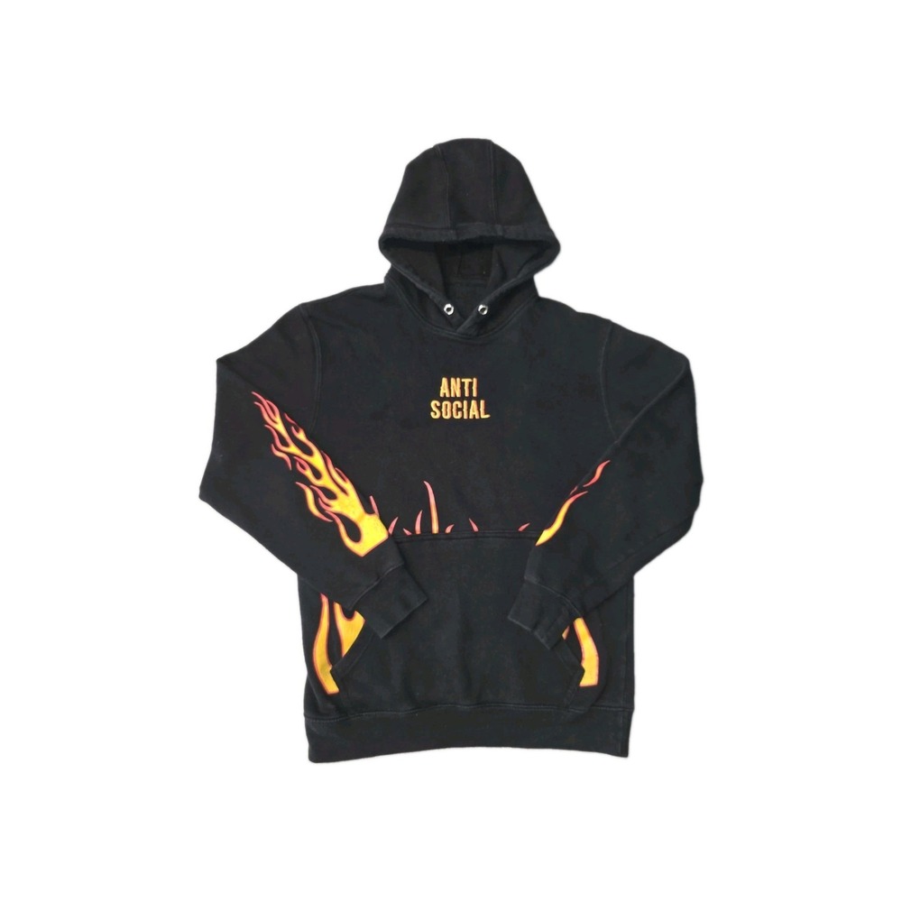 Rue21 Mens Anti Social Flame Graphic Fleece Hoodie Black Pullover Small